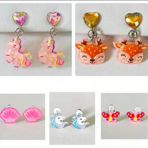5 Pairs Kids Clip On Fawn Deer Rainbow Unicorn Seashell Butterfly